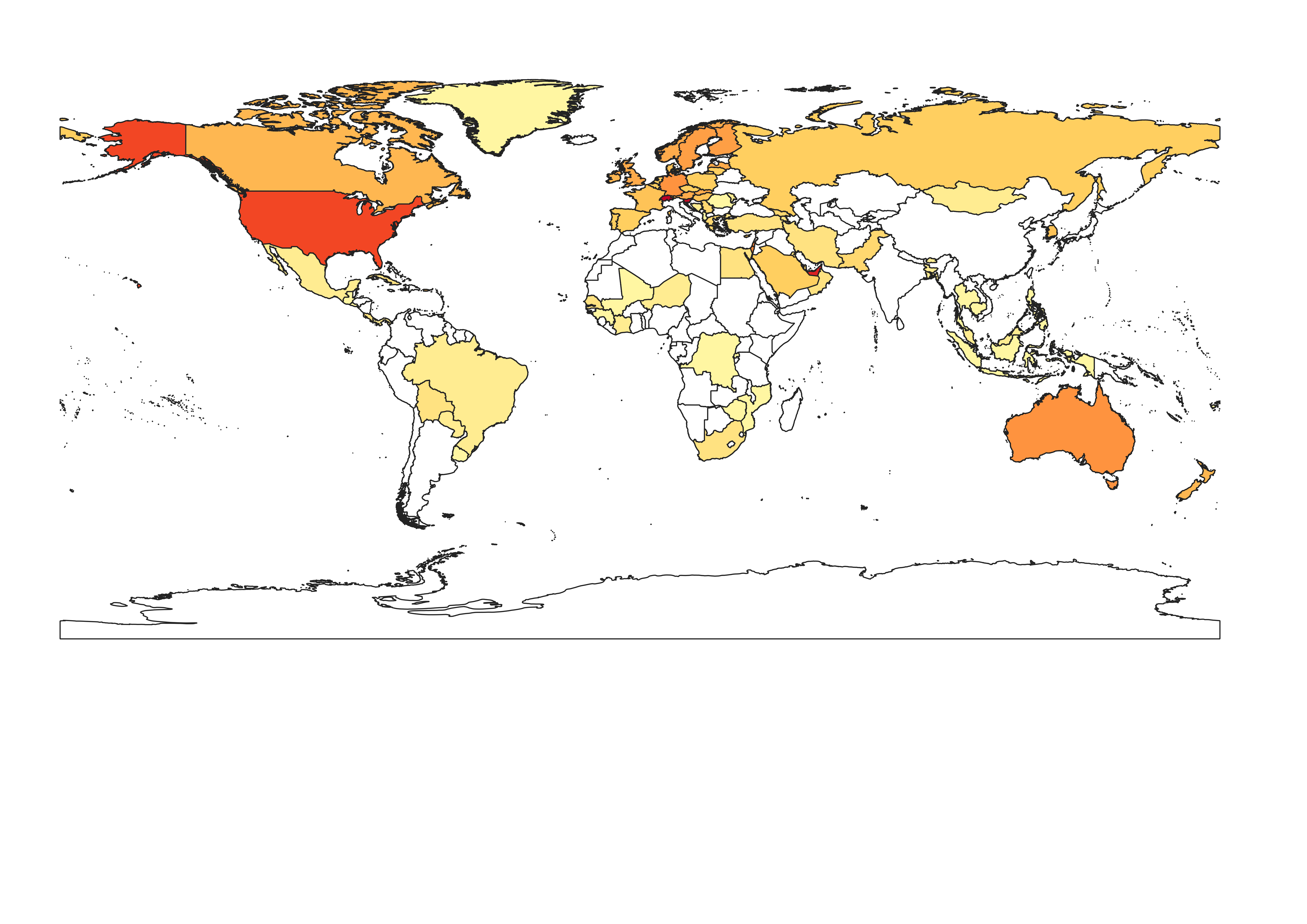 Where in the world are there most PhDs? In this map of the world, countries shaded are those that have data declaring the proportion of PhD (or equivalent) in their population (max percentage between 2010 and 2020 (Data from the World Bank). This ranges from 2.97% in Switzerland (dark red) to 0.02% in DR Congo (light yellow). Notably, there is no data held in these years for many countries in Asia, Africa and South America.