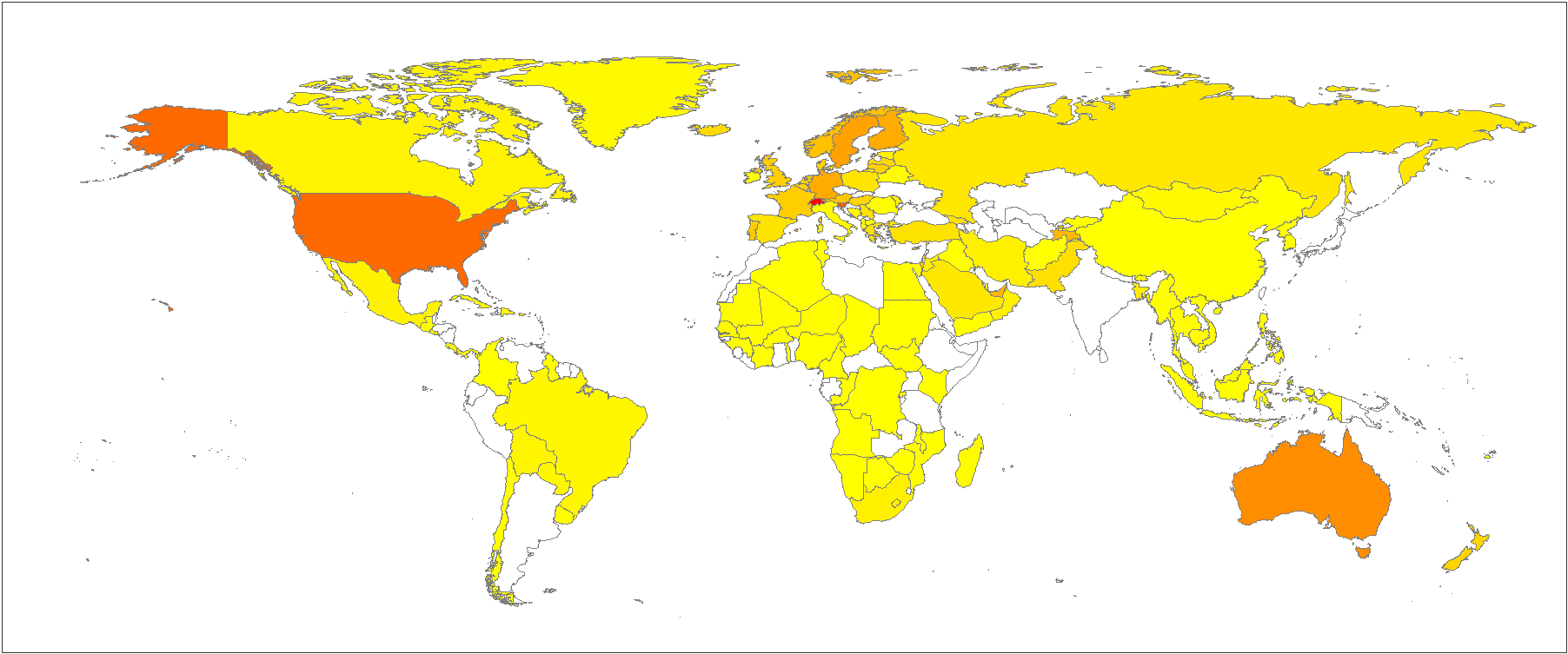 Where in the world are there most PhDs? In this map of the world, countries shaded are those that have data declaring the proportion of PhD (or equivalent) in their population (max percentage between 2010 and 2020 (Data from the World Bank). This ranges from 2.97% in Switzerland (dark red) to 0.02% in DR Congo (light yellow). Notably, there is no data held in these years for many countries in Asia, Africa and South America.