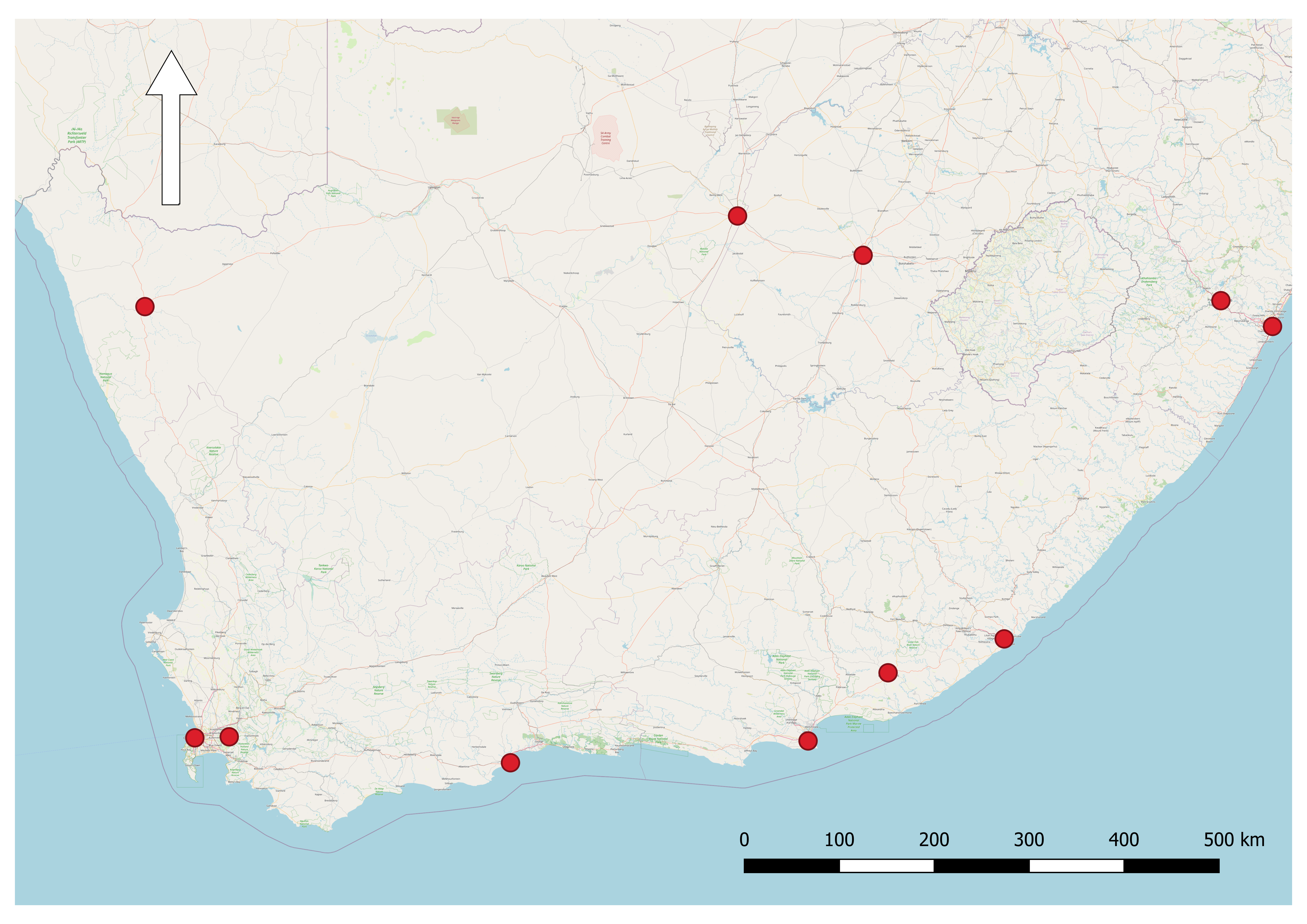 A plain map can give all the information needed. This map adequately shows the positions of sample sites (or anything else) as red points within the southern African region.