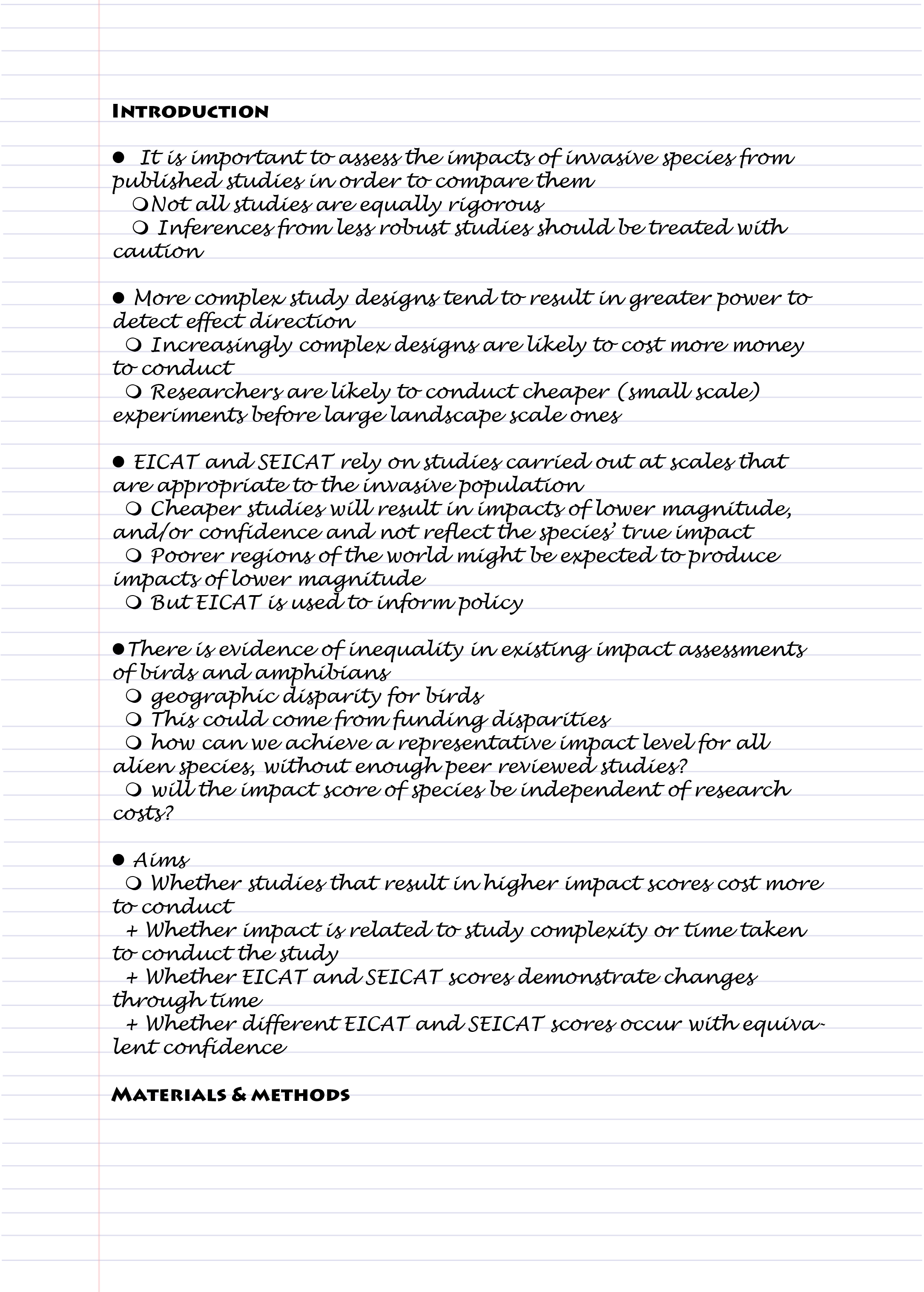 Example of an outline draft of the introduction. In this outline taken from Measey et al. (2020), paragraphs are paragraphs are indicated by the solid dots, and points to make inside the paragraphs by hollow dots. Each paragraph has an argument sketched out within it.